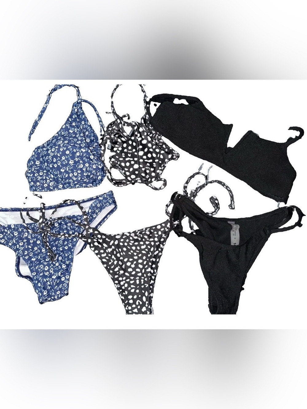 3 Bikini Sets - Black, White & Blue, Black & White Patterned Pieces